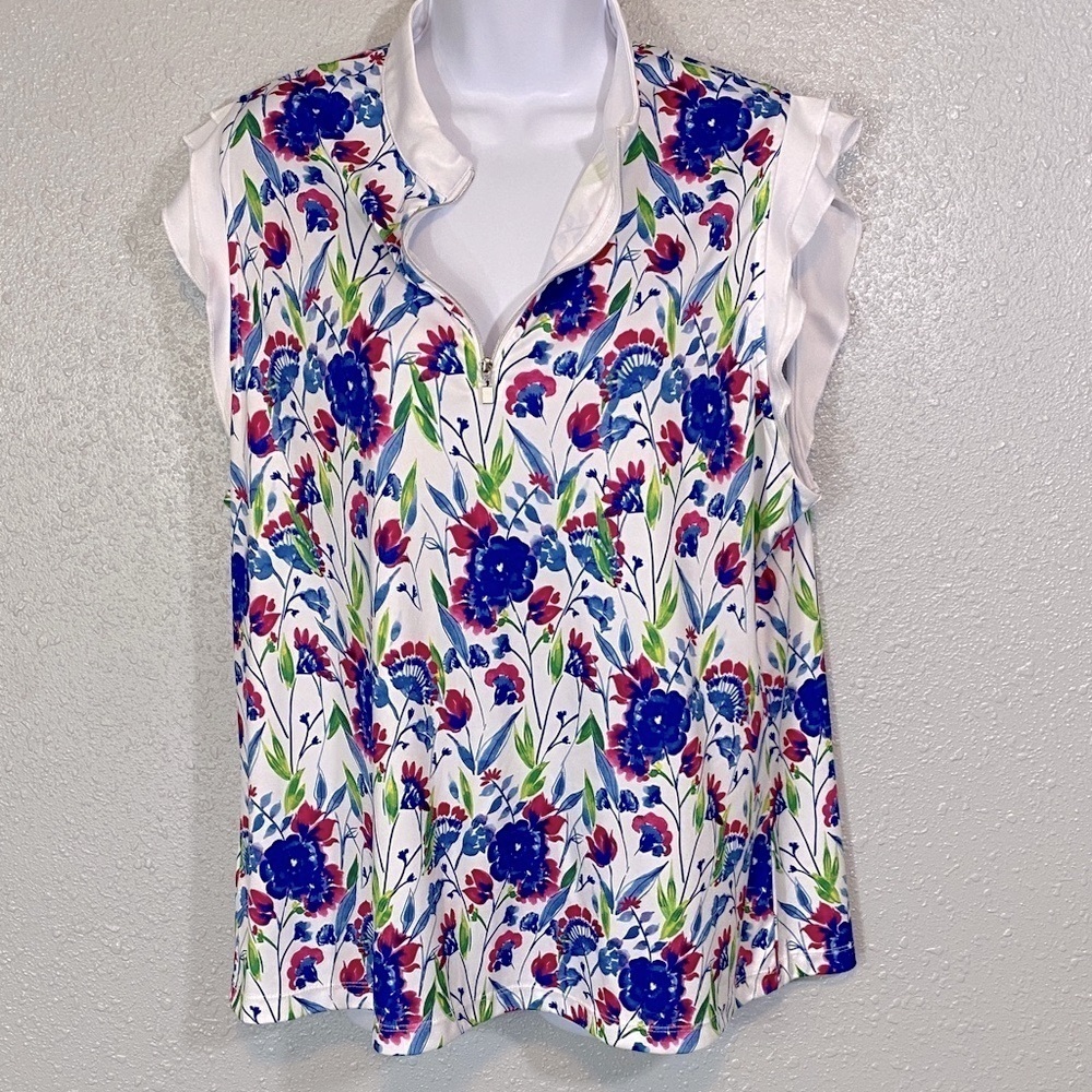 PGA Tour Floral Print Blouse - Blue and Red